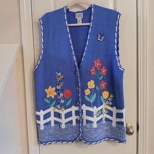 Vintage Knit Sweater Vest Flowers Picket Fence & Butterfly Size 1X Cottagecore